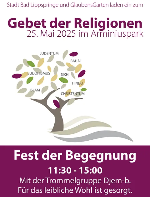 Plakatankündigung zum Gebet der Relegionen im GlaubensGarten am 25. Mai um 11.30 Uhr